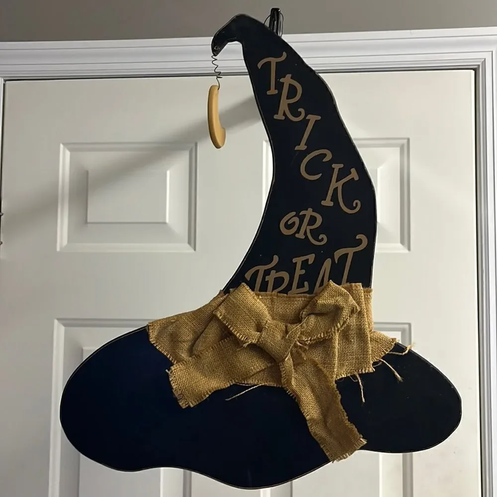 Halloween Farmhouse Black Wood Witch Hat Hanging “Trick or Treat” Decor-21”by17”